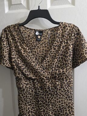 NEW Leopard Print Surplice Blouse in Tan and Black by First Option Size M